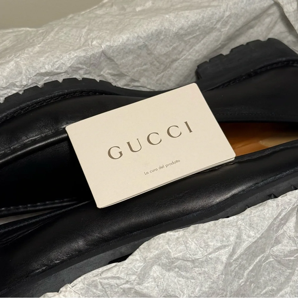 Gucci Horse Bit Lug Sole Black Leather Loafer Men’s Size 12.5 Brass Brown Logo - Picture 11 of 13